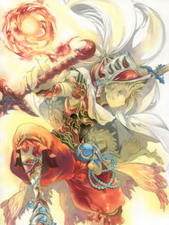  1boy blonde_hair braid brush_(medium) cape color_ink_(medium) commentary_request dissidia_012_final_fantasy dissidia_final_fantasy dual_wielding feathers feet_out_of_frame final_fantasy final_fantasy_iii fire helmet holding holding_sword holding_weapon issun_boushi_(ilmtkimoti) jewelry knee_up magic male_focus onion_knight pants reverse_grip scabbard sheath single_braid solo standing standing_on_one_leg sword traditional_media watercolor_pencil_(medium) weapon yellow_eyes 