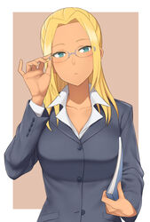  adjusting_eyewear amagi_brilliant_park ashe_(amaburi) bad_id bad_pixiv_id blonde_hair book breasts business_suit cleavage collarbone dark-skinned_female dark_skin female formal glasses green_eyes holding long_hair long_sleeves medium_breasts office_lady solo suit tsuchifumazu 