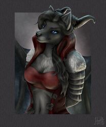  2017 anthro avoid_posting black_body black_fur black_hair black_nose blue_eyes bra canid canine canis clothed clothing dragon female fully_clothed fur hair hands_behind_back hettie horn hybrid jacket looking_aside mammal mythological_creature mythological_scalie mythology scalie simple_background solo standing topwear underwear wolf 