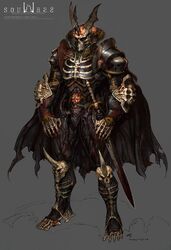  1boy armor blood bone dated full_body grey_background limha_lekan male_focus official_art pauldrons shoulder_armor signature skeleton skull solo soulless standing sword undead weapon 