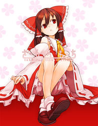  :&lt; ascot bloomers bow brown_hair commentary_request detached_sleeves female hairbow hakurei_reimu loafers red_bow red_eyes shoes solo totteri touhou underwear 