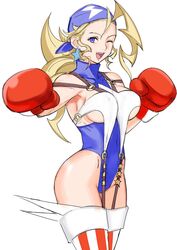  :d bandana bare_shoulders blonde_hair blue_eyes blue_leotard boxing_gloves breasts commentary covered_navel earrings female highleg highleg_leotard highres jewelry justice_gakuen large_breasts legs_together leotard long_hair o-ring one_eye_closed open_mouth shiritsu_justice_gakuen simple_background smile solo standing star_(symbol) star_earrings suspenders tetsu_(kimuchi) thighhighs tiffany_lords white_background 