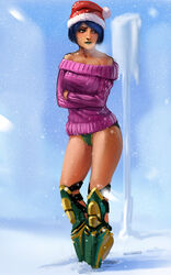  34no404 armor bare_shoulders blue_hair blush bob_cut breasts christmas cold dress female greaves green_eyes green_lips green_panties hat lips lipstick makeup medium_breasts no_pants off-shoulder_sweater off_shoulder outdoors panties photoshop_(medium) ribbed_sweater santa_hat selket snow snowing solo standing sweater sweater_dress swept_bangs underwear unreal unreal_tournament 