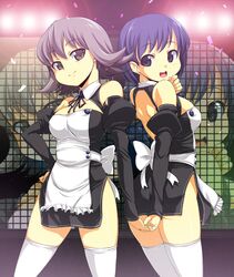  2girls apron back-to-back backless_outfit bare_back bare_shoulders blue_eyes blue_hair commentary_request detached_sleeves dream_c_club dream_c_club_(series) dream_c_club_zero extra grid hand_on_own_hip highres holding_hands interlocked_fingers multiple_girls no_pants onija_tarou purple_eyes purple_hair screen short_hair smile thighhighs white_legwear 