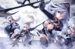  4girls bare_shoulders berlinetta_(pixiv_fantasia) black_legwear boots borrowed_character breasts cleavage commentary_request cross detached_sleeves dress gloves hair_ornament hair_ribbon hairclip hat jewelry large_breasts long_hair md5_mismatch multiple_girls oblivium open_mouth photoshop_(medium) pirate_hat pixiv_fantasia pixiv_fantasia_5 red_eyes ribbon short_hair skade skirt snow thigh_boots thighhighs weapon white_hair zettai_ryouiki 