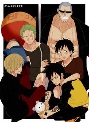  5boys alternate_costume bepo black_hair black_pants blue_hair cigarette closed_eye copyright_name cyborg earrings eye_closed facial_hair franky goatee green_hair hair_over_one_eye jewelry long_sleeves male male_focus mkmk_(kusatteiru) monkey_d_luffy multiple_boys one-eyed one_eye_closed one_piece pants pixiv_thumbnail raglan_sleeves red_pants red_shirt resized roronoa_zoro sanji scar shirt smoking stuffed_toy sunglasses t-shirt tattoo title_drop trafalgar_law 