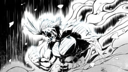  1boy all_might blood blood_from_mouth boku_no_hero_academia commentary_request costume flexing greyscale grin highres huang_dian male_focus monochrome motion_blur muscular pose smile solo superhero_costume torn_clothes transformation upper_body yagi_toshinori 