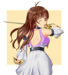  ahoge back bare_shoulders brown_hair commentary_request dual_wielding female from_behind hidaka_mai holding idolmaster idolmaster_dearly_stars looking_back one_eye_closed photoshop_(medium) red_eyes solo sushimidori sword tongue weapon 