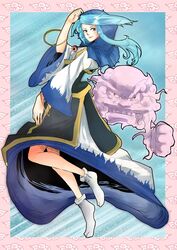  blue_eyes blue_hair clenched_hand cloud colored_eyelashes commentary_request dress female hood jewelry kesa kumoi_ichirin long_hair long_sleeves necklace pendant shibe362 smile touhou unzan wide_sleeves wristband 