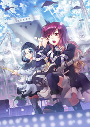  2girls aircraft aircraft_carrier amplifier b-2_spirit bespectacled blue_eyes blue_hair boots brown_eyes brown_hair commentary_request drum drum_set glasses guitar hijiri_byakuren hood instrument kumoi_ichirin long_hair microphone military military_vehicle multiple_girls open_mouth photoshop_(medium) purple_hair rainbow2319682 ship skirt smile stage touhou warship watercraft 