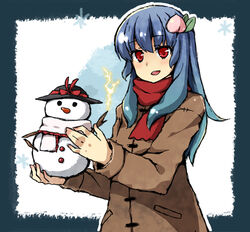  bad_id bad_pixiv_id blue_hair bow coat cosplay electricity female food fruit hinanawi_tenshi holding long_hair nagae_iku nagae_iku_(cosplay) no_headwear open_mouth peach photoshop_(medium) red_eyes scarf snowman solo suzuki_natsume touhou upper_body winter_clothes 