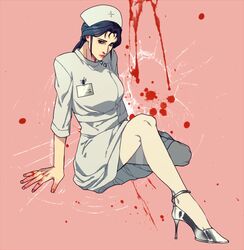  black_hair blood commentary_request elina_kuroe_no_daarin female full_body hat high_heels kidou_keisatsu_patlabor long_hair looking_down low_ponytail nagumo_shinobu nurse nurse_cap pantyhose sitting solo 