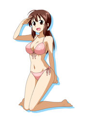  :d ahoge arm_behind_back barefoot bikini breasts brown_eyes brown_hair cleavage commentary_request female front-tie_top furukawa_keiko goriate hair_ornament hair_scrunchie highres kneeling large_breasts long_hair low_ponytail mole mole_under_eye navel open_mouth pink_bikini ponytail salute scrunchie shadow shinryaku!_ikamusume shiny_skin side-tie_bikini_bottom smile solo swimsuit 