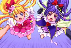  2girls :o asahina_mirai black_gloves black_hat blonde_hair blue_background bow clenched_hand commentary_request cure_magical cure_miracle gem gloves gradient_background hairband hairbow hat izayoi_liko long_hair magical_girl mahou_girls_precure! mini_hat mini_witch_hat motion_lines multiple_girls open_mouth pink_hat pink_skirt precure puffy_sleeves purple_background purple_eyes purple_hair purple_skirt red_bow sca_jam skirt symmetry white_gloves witch_hat 