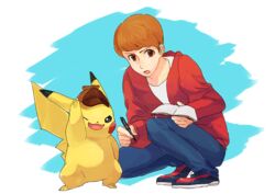  1boy brown_eyes brown_hair buntatta clothed_pokemon commentary_request deerstalker denim detective_pikachu detective_pikachu_(character) detective_pikachu_(game) hat jeans notepad open_mouth pants pen pikachu pointing pointing_up pokemon pokemon_(creature) shoes sneakers squatting tim_goodman 