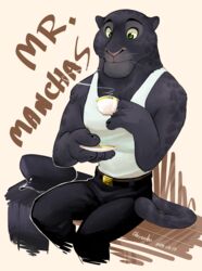  absurd_res anthro belt biped black_body black_fur bottomwear chauffeur chirenbo clothed clothing container cup disney felid fully_clothed fur gear green_eyes hi_res holding_container holding_cup holding_object jaguar male mammal melanistic pantherine pants renato_manchas shirt sitting solo tank_top topwear whiskers zootopia 