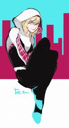  blonde_hair blue_eyes bodysuit female gwen_stacy hood hoodie marvel sitting solo spider-man_(series) spider-woman tetu 