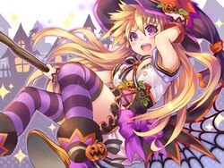  :d blonde_hair bloomers blush breasts commentary_request female halftone halftone_background halloween hand_on_headwear hat jack-o&#039;-lantern kobanzame long_hair medium_breasts open_mouth original purple_eyes purple_thighhighs silk smile solo sparkle spider_web striped_clothes striped_thighhighs thighhighs underwear witch_hat wrist_cuffs 