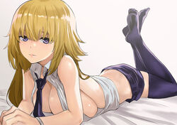  :| bed_sheet black_necktie black_thighhighs blonde_hair breasts closed_mouth collared_shirt commentary_request fate/apocrypha fate_(series) feet feet_up female jeanne_d&#039;arc_(fate) jeanne_d&#039;arc_(girl_from_orleans)_(fate) large_breasts long_hair looking_at_viewer lying necktie nekoi_mie no_bra no_shoes on_stomach open_clothes open_shirt purple_eyes shirt shorts sideboob sleeveless sleeveless_shirt soles solo the_pose thighhighs wristband 