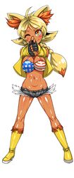  ahoge american_flag_bikini animal_ears bikini bikini_top blonde_hair blush boots braid breasts cleavage dark_skin denim denim_shorts female fennekin fingerless_gloves flag_print fox_ears getter gloves hair_ornament hairclip highres jacket kitsune-tsuki_(getter) large_breasts long_hair long_image navel orange_eyes personification pointing pokemon pokemon_(game) pokemon_xy ponytail shiny shiny_skin shorts simple_background single_braid slit_pupils smile standing swimsuit tall_image white_background wink 