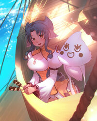  animal_ears atuy blue_hair breasts brown_eyes cleavage cleavage_cutout clothing_cutout commentary_request crate dress female food hachifuku hair_ornament highres kurarin_(utawarerumono) large_breasts open_mouth photoshop_(medium) rope ship sidelocks squid takoyaki utawarerumono utawarerumono:_itsuwari_no_kamen watercraft 