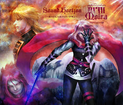  2boys akuseru_arumaa belt black_gloves blonde_hair building cape commentary_request copyright_name eleuseus facial_hair female gloves goatee jojo_pose leontius moira multiple_boys photoshop_(medium) pink_eyes pink_hair pose scorpius sheath sound_horizon sword translation_request weapon yellow_eyes 