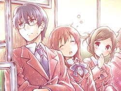  2boys 2girls awara_chikako black_hair brown_hair commentary_request ga_geijutsuka_art_design_class glasses homura_(ga) kibushi leaning_on_person long_hair mizubuchi multiple_boys multiple_girls saliva school_uniform sitting sleeping uozomi 