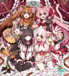  4girls :d ahoge animal_ears bell black_hair black_legwear blush borrowed_character breasts brown_hair cassini_m_bisuko cat_ears cat_tail cherry_blossoms cleavage commentary_request comomo_(tk) detached_sleeves flower hair_flower hair_ornament highres jingle_bell large_breasts long_hair long_sleeves looking_at_viewer mia_flatpaddy multiple_girls oerba_yun_fang open_mouth original petals pink_eyes pink_hair pink_legwear red_eyes ribbon shia_flatpaddy shiro-ushi sitting skirt smile tail tail_bell tail_ornament tail_ribbon takatsuki_ichi thighhighs yellow_eyes 