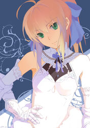  ahoge alternate_costume artist_name artoria_pendragon_(fate) bare_shoulders blonde_hair breasts bzerox commentary_request covered_navel dated detached_sleeves dress elbow_gloves fate/stay_night fate_(series) female fur_trim gauntlets gloves green_eyes hair_ribbon hand_on_own_hip head_tilt highres looking_at_viewer ribbon saber_(fate) small_breasts solo upper_body 