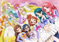  6+girls ;d akagi_towa amanogawa_kirara aroma_(go!_princess_precure) bird black_hair blue_bow blue_eyes blue_hair bow braid brooch brown_eyes brown_hair canine cape commentary_request crown_braid cure_flora cure_flora_(grand_princess) cure_mermaid cure_mermaid_(grand_princess) cure_scarlet cure_scarlet_(grand_princess) cure_twinkle cure_twinkle_(grand_princess) dress dual_persona glasses go!_princess_precure green_eyes haruno_haruka jewelry kaidou_minami long_hair magical_girl multicolored_hair multiple_girls nanase_yui noble_academy_school_uniform one_eye_closed onomekaman open_mouth orange_bow pink_background pink_bow precure puff_(go!_princess_precure) purple_hair red_eyes red_hair school_uniform short_hair skirt smile star_brooch streaked_hair twintails two-tone_hair white_skirt 