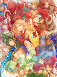  6+boys 6+girls animal_ears bad_id bad_pixiv_id blonde_hair bud_(lom) cactus cat_ears daena elazul elbow_gloves elle_(lom) escad flower furry gloves green_hair hair_ornament hat horns imu_(lom) irwin lady_pearl larc_(lom) legend_of_mana lil&#039;_cactus lisa_(lom) lolicon long_hair matilda_(lom) multiple_boys multiple_girls nature niccolo polearm purple_hair rabite_(seiken_densetsu) robe rumikan seiken_densetsu sierra_(lom) spear sword toto_(lom) weapon 