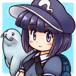  animal backpack bag blue_background blush commentary_request dark_haired_kappa female hat kappa_mob_(touhou) manzairaku nitamago purple_eyes purple_hair seal_(animal) shirt short_hair smile touhou wild_and_horned_hermit 