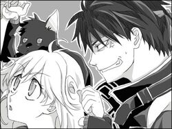  1boy female greyscale headband kittaka_kaname leki lowres majutsushi_orphen monochrome orphen short_hair 