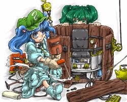  2girls bad_id blue_eyes blue_hair bolt_(hardware) bucket generator green_hair hair_bobbles hair_ornament hat kawashiro_nitori kettle kisume multiple_girls pulley sarufu tools touhou two_side_up welding welding_mask wrench 