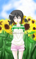  black_hair clannad closed_eyes commentary_request daiki denim denim_shorts female flower happy_state highres pink_shorts shorts solo sunflower sunohara_mei translated twintails 