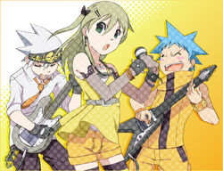  2boys bad_id bad_pixiv_id bass_guitar black_star blonde_hair blue_hair closed_eyes elbow_gloves female gloves green_eyes guitar hishiki instrument long_hair maka_albarn microphone multiple_boys music short_hair singing soul_eater soul_evans thighhighs white_hair 