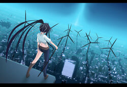  academy_city asymmetrical_clothes black_hair blue_theme boots city cityscape commentary_request crop_top female from_behind holding holding_sword holding_weapon kanzaki_kaori katana knee_boots letterboxed long_hair ootachi ponytail scenery sheath sheathed shichiten_shichitou single_pantsleg solo standing sword toaru_majutsu_no_index tomcat very_long_hair weapon wind_turbine 