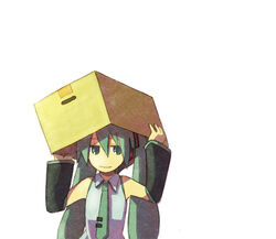  box cardboard_box commentary_request detached_sleeves female green_eyes green_hair hatsune_miku kusaka_yoru long_hair necktie photoshop_(medium) smile solo twintails vocaloid 