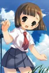  akiba_hideki blush brown_eyes brown_hair cloud day female hair_ornament hairclip kinoshita_ringo lolicon miniskirt necktie otogi-juushi_akazukin pleated_skirt short_hair skirt sky solo 