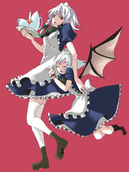  2girls bat_wings bow braid commentary_request cosplay cup hair_ribbon izayoi_sakuya izayoi_sakuya_(cosplay) maid multiple_girls photoshop_(medium) remilia_scarlet ribbon thighhighs touhou twin_braids white_thighhighs wings zen_(raspberry) 