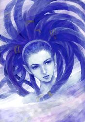  blue_hair blue_skin colored_skin commentary_request female final_fantasy final_fantasy_x fm77_(artist) pointy_ears shiva_(final_fantasy) solo 