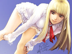  bent_over blonde_hair female fingerless_gloves gloves jayun lili_(tekken) long_hair photoshop_(medium) skirt solo tekken white_skirt 