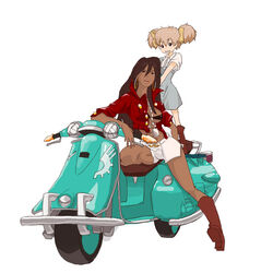  2girls bad_id bad_pixiv_id bandeau boots breasts brown_hair chains crop_top dark-skinned_female dark_skin earrings hatchin_morenos jacket jewelry large_breasts michiko_malandro michiko_to_hacchin motor_vehicle multiple_girls on_scooter scooter shorts twintails uni_(gugurutan) 