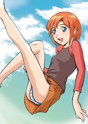  asa-mitz blue_eyes cloud day female luna_(mujin_wakusei_survive) mujin_wakusei_survive open_mouth panties pantyshot raglan_sleeves red_hair short_hair skirt sky solo striped_clothes striped_panties underwear 