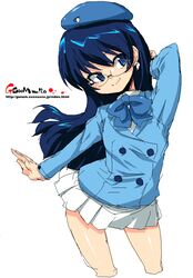  b.a.b.e.l._uniform blue_eyes blue_hair commentary_request earrings female glasses hat jaggy_lines jewelry long_hair nogami_aoi oekaki onija_tarou skirt smile solo watermark web_address zettai_karen_children 