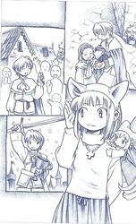  1boy 3girls animal_ears artist_request blush cat_ears cornet_espoir cowboy_shot fake_animal_ears ferdinand_marl_e greyscale hairband jewelry kururu_(rhapsody) long_sleeves marl_kingdom monochrome multiple_girls necklace pendant pleated_skirt rhapsody short_hair skirt smile standing sweater 