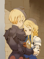  1boy agrias_oaks ahoge armor b.tarou belt blonde_hair braid brown_eyes couple female final_fantasy final_fantasy_tactics gloves holding long_hair lowres pauldrons photoshop_(medium) ramza_beoulve short_hair shoulder_armor spikes straight 