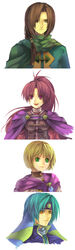  2boys 2girls blonde_hair blue_hair brown_hair cape felix_(golden_sun) golden_sun green_eyes headband highres jenna_(golden_sun) long_hair multiple_boys multiple_girls natsuki_sao piers_(golden_sun) ponytail purple_eyes red_hair sheba_(golden_sun) short_hair smile yellow_eyes 