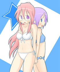  2girls bad_id bad_pixiv_id bikini blue_eyes breasts cleavage glasses hiiragi_tsukasa holding_hands interlocked_fingers long_hair lucky_star medium_breasts multiple_girls pink_hair purple_eyes purple_hair short_hair small_breasts suriheru swimsuit takara_miyuki 