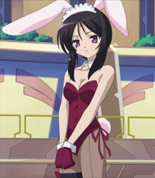  animal_ears anime_screenshot black_hair eneus female gloves magician&#039;s_academy pantyhose playboy_bunny purple_eyes rabbit_ears short_hair solo stitched third-party_edit 